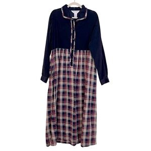 Vintage Lands’ End Button Front Plaid Corduroy Cotton Maxi Dress Navy Blue 14